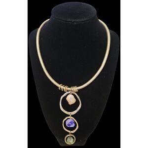 Vintage Necklace Gold Tone 3 Circle Pendant With Different Stones
